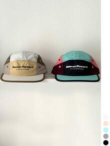 1 pieza Gorra de béisbol de moda callejera con parte superior suave, diseño de bloques de color y patchwork, visera plana, estilo hip hop, secado rápido, unisex con letras, gorra de ciclismo para exteriores tipo techwear, sombrero de sol de 5 paneles con patchwork, delgado y repelente al agua para el verano - Bloqueo de color de puesta de sol - Ver 5
