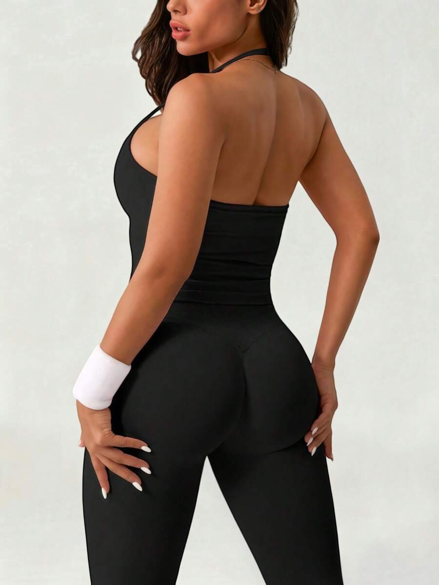DINBEY Bộ đồ tập yoga 2 món cơ bản gồm áo bra thể thao cổ yếm nhún thun có đệm ngực tháo rời và quần legging cạp cao nâng mông nhún tạo kiểu cho tập gym chạy bộ yoga - màu đen - Xem 1