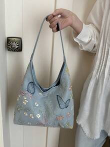 女款休閒大容量新中式刺繡包 2026新款通勤單肩包 隨性托特水桶包 - 藍色 - 查看 2