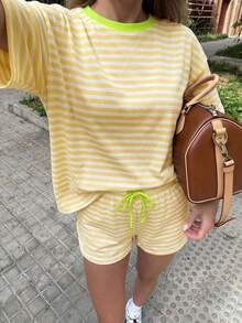 Vellofy Women's Casual Striped Two Pieces Set With Round Neck Short Sleeve Top And Shorts Summer - Yellow - View 3