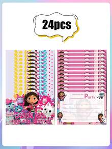 MASSDI Gabby Themed Party Invitation Cards, 24pcs Fill-In Invitation Cards With Cartoon Cat Character Prints, Perfect For Birthday & Holiday Party Invitations - Multicolor - View 3