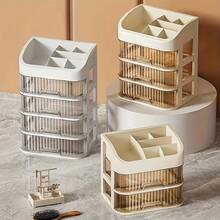 Caja de almacenamiento de cosméticos de gran capacidad, cajón transparente, caja de almacenamiento de maquillaje de joyería, organizador de escritorio multifuncional multicapa - Crema - 2 capas - Ver 4
