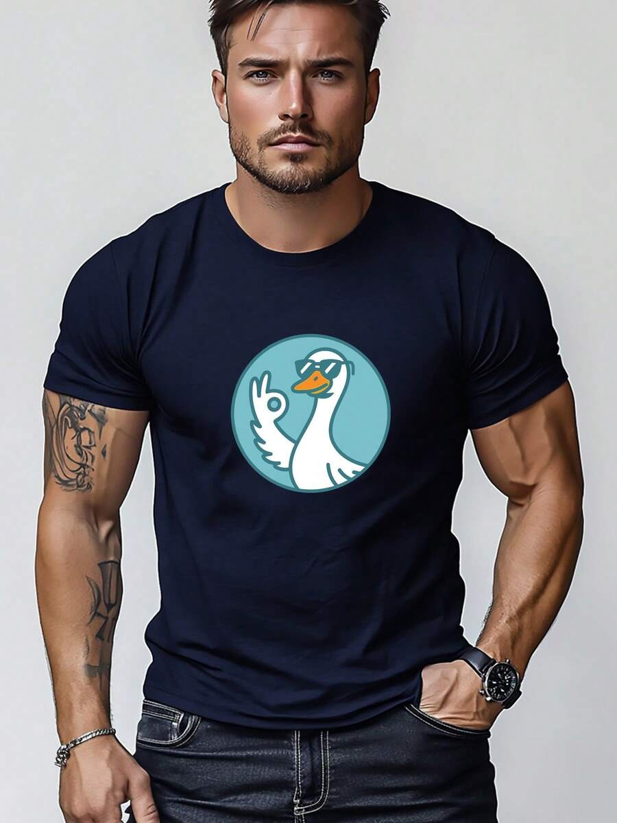 Camiseta de Hombre Talla Grande, Cómoda y Versátil, Fácil y Limpia, con Estampado de Ganso con Gafas para un Look Casual de Verano, Talla Grande - Negro - Ver 1