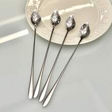 304 Stainless Steel Stirring Spoon, Long Handle Bar Spoon, Ice Spoon & Fork, Creative Leaf-Shaped Spoon & Fork, Mango Spoon & Fork, Honey And Dessert Spoon & Fork - Multicolor - View 5