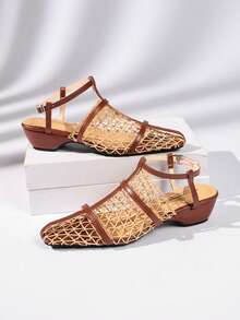 鏤空透氣網布粗跟高跟涼鞋，夏季休閒百搭扣帶女款涼鞋 - 棕色 - 查看 3