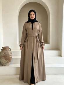 Open Front Abaya With Belt, Elastic Cuffs Modest Muslim Dress, Casual Dubai Style Islamic Clothing - Multicolor - View 2