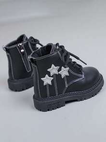 Girls' Star Pattern Thermal-Lined Boots, New Autumn/Winter British Style Soft Sole Anti-Slip Ankle Boots, Baby Toddler Warm Boots With Side Zipper Design For Easy On/Off, Versatile Wear-Resistant For Daily And Outdoor Use - Black - View 10