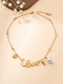 1pc French Style Gold Love Letter Pearl Necklace, Ocean Style Seashell Pendant Thin Choker Chain, Luxury Niche Versatile Women's Daily Commute Jewelry, Valentine's Day Gift Accessory - Multicolor - View 8