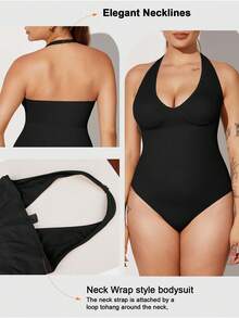 1pc Plus Size Women's Seamless Tummy Control Shapewear, 2 Ways To Wear, Detachable Straps, One-Piece Thong Bikini Style, Strapless Bandeau Bodysuit - Black - View 3