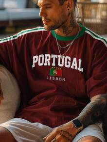 Fractyr Men's Portugal Lisbon Flag Print Colorblock TShirt, Burgundy — free download