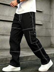 1pc Men's Multi-Pocket Cargo Long Pants, Spring/Autumn/Summer Beach Vacation Sand Pants, Casual Commute Sports Training Running Outdoor Hiking Loose Fit Fashion Jogging Fitness Workout Versatile Straight Leg Streetwear Pants - Black - View 3