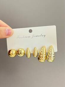 8 Pairs Fashionable Heart Geometric Multi- Gold Metallic Earring Set, Women's Fashion Earring Set, For Daily Wear - Yellow Gold - View 6