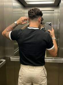 ALTZTAR Men's Round Neck Short Sleeve Embroidered Patchwork Minimalist Casual Knit Top - Black - View 2