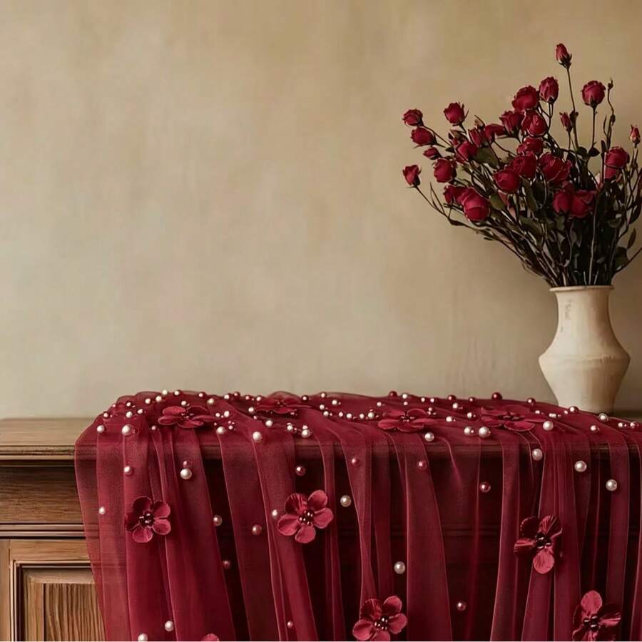 Pearl Table Runner 10ft,Table Cloth Tulle Table Cover,Pearl Table Runner For Wedding Party Baby Shower Birthday Home Decor - Wine Red Flower - View 1