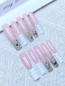 10 Peças Unhas Postiças Francesas, Quadradas Longas com Textura 3D & Strass AB, Perfeitas para Formatura de Verão, Assistir à , Festas na Praia, Casamentos & Presentes, Arte de Unhas Reutilizável com Ajuste Perfeito, 1 Peça Gel de Gelatina/1 Peça Mini Tiras de Lixa Unhas Postiças Feitas à Mão - Multicolorido - Visão 13