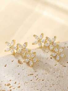 1 Pair Elegant Sparkling Patchwork Flower Earrings, Minimalist Five-Petal Flower Design, Suitable For Women's Daily Casual And Vacation Wear - Gold - View 4