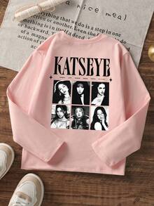 1pc Girls Casual Round Neck Long Sleeve T-Shirt Top - Pink - View 3