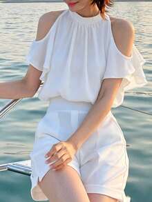 Halter Neck Short Sleeve Shirt Women Summer New Design French Style Open Shoulder Top White - White - View 2