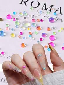 1 Box Flat Back Glass Half Round Colorful Mermaid Bubble Beads Mixed Sizes Summer Nail Art Decor Aurora Iridescent Macaron Round Transparent Rhinestones Nail Artist Supplies Cute False Nail Accessories Nail Charms - Multicolor - View 4