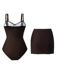 Swim Oasis Traje de baño de 2 piezas (body y falda) con decoración de pentágrama, atuendos casuales para vacaciones, Navidad y Año Nuevo - Albaricoque - Ver 3