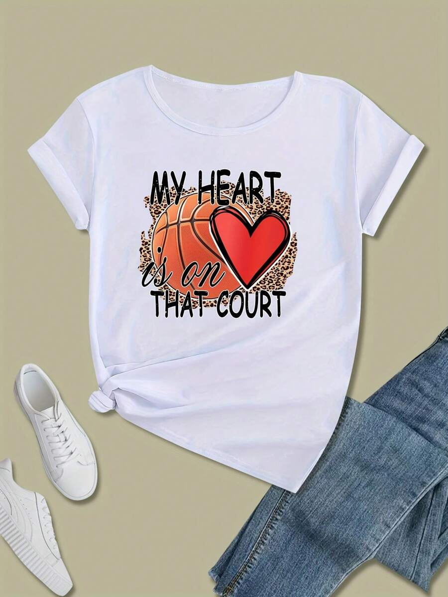 Camiseta mujer manga corta cuello redondo algodón transpirable, diseño deportivo baloncesto y frase, casual para salidas y ocio - Blanco - Ver 1
