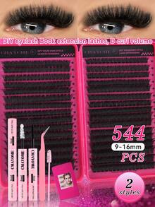 640/544簇 D捲度單根假睫毛大容量睫毛書，新手友善套組，經典Y型DIY居家睫毛，可重複使用混款睫毛附膠水與密封劑、鑷子、睫毛刷，自然蓬鬆簇睫毛，適合日常與夜間派對 - 玫紅色 - 查看 5