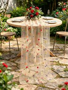1pc Champagne Embroidered Floral Mesh Table Runner, Birthday Party Tablecloth, Tablecloth, Tablecloth, Birthday Decoration, Birthday Party Supplies, Baby Shower Decoration, Birthday Gift, Party Favor, Wedding Decoration Supplies, Baby Shower, Gender Reveal Party, Bridal Shower, Home Decor, Room Decor, Kitchen Table Cover, Wedding Arch Fabric - Champagne Gold Embroidered Flowers - View 2