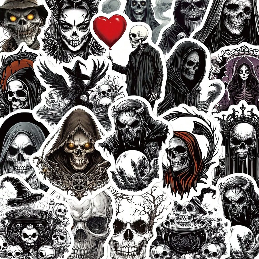 50pcs Vintage Skull Stickers For Phone Case, Luggage, Skateboard, Tablet, Diary, Sealing, Halloween Gift - Multicolor - View 1