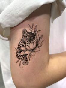 1片黑灰色素描豹紋與蓮花枝葉結合圖案臨時紋身貼紙，逼真紋身設計。適合旅行、音樂節、遊戲、畢業禮物。可維持3-5天。 - 黑色 - 查看 5