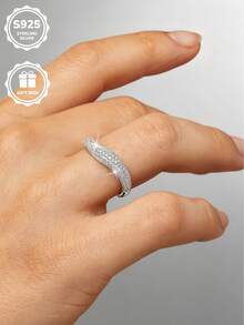 1pc S925 Sterling Silver Inlaid Synthetic Zirconia Sparkling Ring, Daily Wear Valentine's Day Gift Essential, Comes With Gift Box. - Silver - View 7