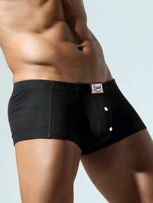 Men's One-Piece, Plain-Colored Stretch Briefs With Decorative Button And Four-Way Stretch - Black - View 3