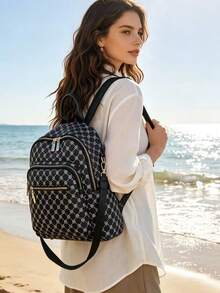 Mochila de gran capacidad para mujeres, bolso clásico de unicolor para damas - Blanco y Negro - Ver 4