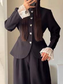 Women's Elegant Commuter Blazer With Padded Shoulders, Solid Color Lace Patchwork Front Button Metal Buttons Pearl Office Daily Date Black Fall - Black - View 5