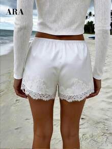 ARA CHIC Women's White Lace Trim Satin Shorts, High Waist Loose Casual Pants, Beach Vacation & Brunch Outfit - White - View 4