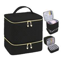 Bolsa de almacenamiento de esmalte de uñas, bolsa de aceite esencial, Kit cosmético portátil para el cuidado de las uñas, caja de almacenamiento de herramientas para el cuidado de uñas, doble capa, 30 compartimentos - Caqui - Ver 6