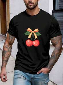 Camiseta de algodón puro para hombre Cherry Ribbon con estampado de patrón de lazo de cereza roja gemela, estampado prémium, duradera, moda casual - Negro - Ver 1
