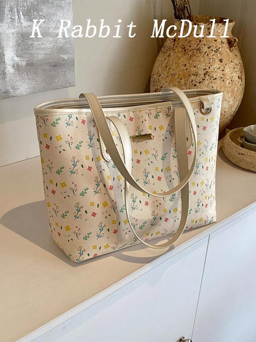 New Floral Pattern PU Tote Bag, Waterproof Design, Fashion Large Capacity Shoulder Bag, Suitable For Commuting, Work, Daily Use, Students, Backpack