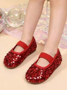 Zapatos planos para niños primavera otoño nuevo estilo niñas exterior casual moda versátil zapatos planos con lentejuelas rojas brillantes zapatos de actuación escolar para niñas zapatos de estudiante zapatos de princesa zapatos de baile para niños - Rojo - Ver 3