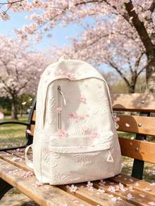 1pc Large Capacity Casual Backpack, Solid Color Embossed Bow Pattern Girls Backpack, Multi-Pocket Zipper School Day Bag, Suitable For Teens/Girls/Students/Graduates, Fashion Accessory For Back To School, Daily Classes, Weekend Outings, Short Trips And Outdoor Leisure Activities - Multicolor - View 1