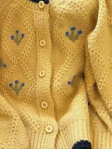 Women's Autumn/Winter Round Neck Vintage Preppy Style Crochet Soft Knit Cardigan Jacket Top, Casual Commute - Yellow - View 5