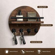 Wall-Mounted Key Rack - 9.8 Inch Apartment Wall Decor With Shelf And 8 Key Hooks, Round Wooden Key Holder, Home Decoration - 5 Hooks - View 2
