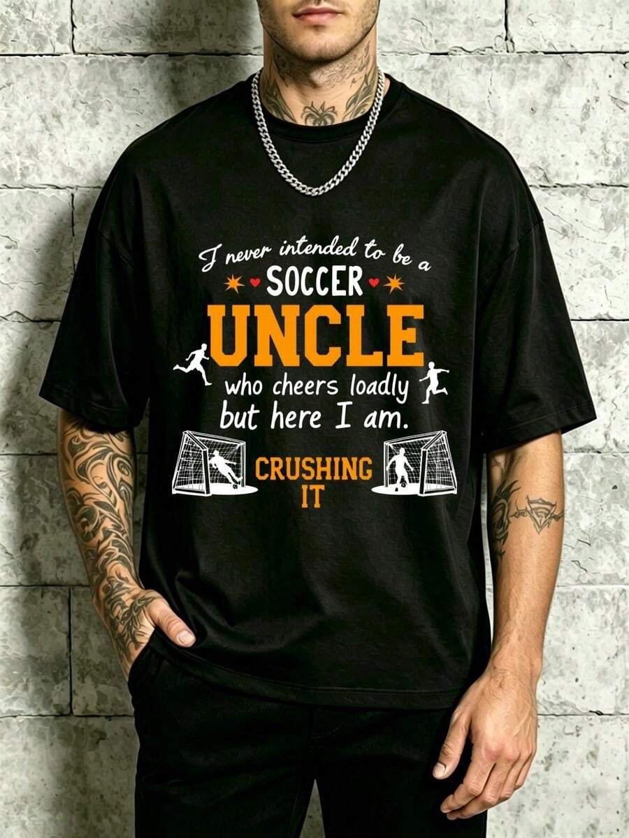 1 pieza Playera De Hombre.manga corta 100% algodón puro, cuello redondo casual con estampado, manga corta transpirable para uso diario, con dise?o de siluetas de portero y jugador - Negro - Ver 1