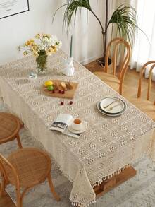ABEST6522 Home&Living store 1pc Vintage Crochet Tassel Tablecloth, Simple Design Table Mat, Farmhouse Lace Dining Table Decor, Round/Square Tabletop Cover For Kitchen, Dresser, Wedding Party - Beige - View 10