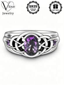1 pezzo Anello vintage in argento sterling S925 con nodo celtico e zirconi sintetici viola incastonati, regalo essenziale per San Valentino per uso quotidiano, con scatola regalo inclusa - Argento - Visualizzare 1