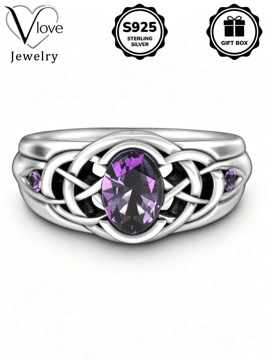 1 pezzo Anello vintage in argento sterling S925 con nodo celtico e zirconi sintetici viola incastonati, regalo essenziale per San Valentino per uso quotidiano, con scatola regalo inclusa - Argento - Visualizzare 1