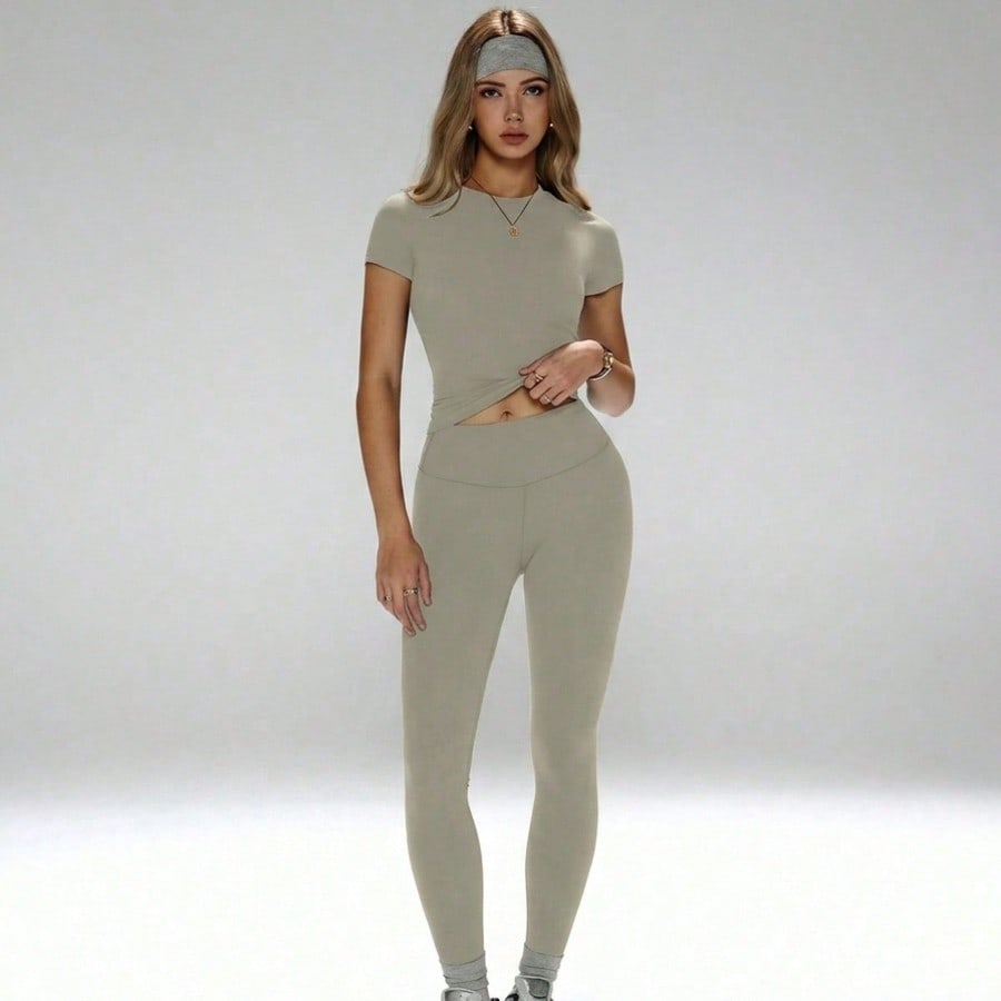 Conjunto deportivo de yoga de 2 piezas para mujer, camiseta de cuello redondo ajustada y pantalones de yoga de cintura alta, leggings deportivos de ci