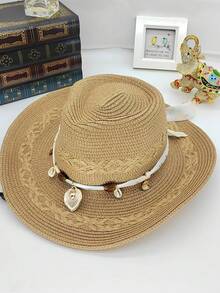 Eshat Panama Straw Hat, Shell Chain Cowboy Straw Hat, Straw Sun Hat, Beach Vacation Straw Hat, Lightweight Breathable UV Protection Sun Hat, Suitable For Travel, Daily Wear, Holiday Gift - Straw Cross-stitch Panama Hat - View 4