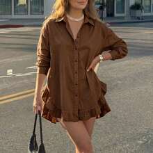 Women's Spring Casual Solid Color Front Button Ruffle Blouse Spring/Summer - Brown - View 3
