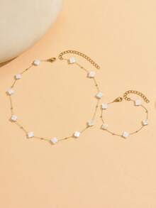 2pcs/Set Minimalist Versatile Stainless Steel Four-Leaf Clover Necklace & Bracelet Fashion Women's Neck & Wrist Jewelry Set Suitable For Daily, Vacation, Travel, Shopping And Party Wear - Multicolor - View 2