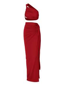 Women's Summer Sexy Solid Color One-Shoulder Ruched Slim Fit Crop Top And Hollow Out High Side Split Skirt Two-Piece Set Red Elegant - Red - View 4